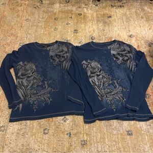 Glory Skull Wing Grunge Cyber Y2K Thermal Style Shirt Blue L No Boundaries X2